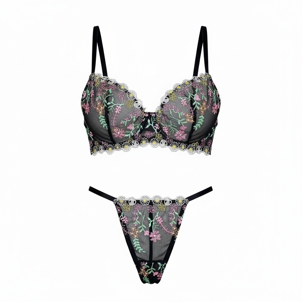 New Romantic Sheer Wildflower Spring Bra Panty Lingerie Set Size Small